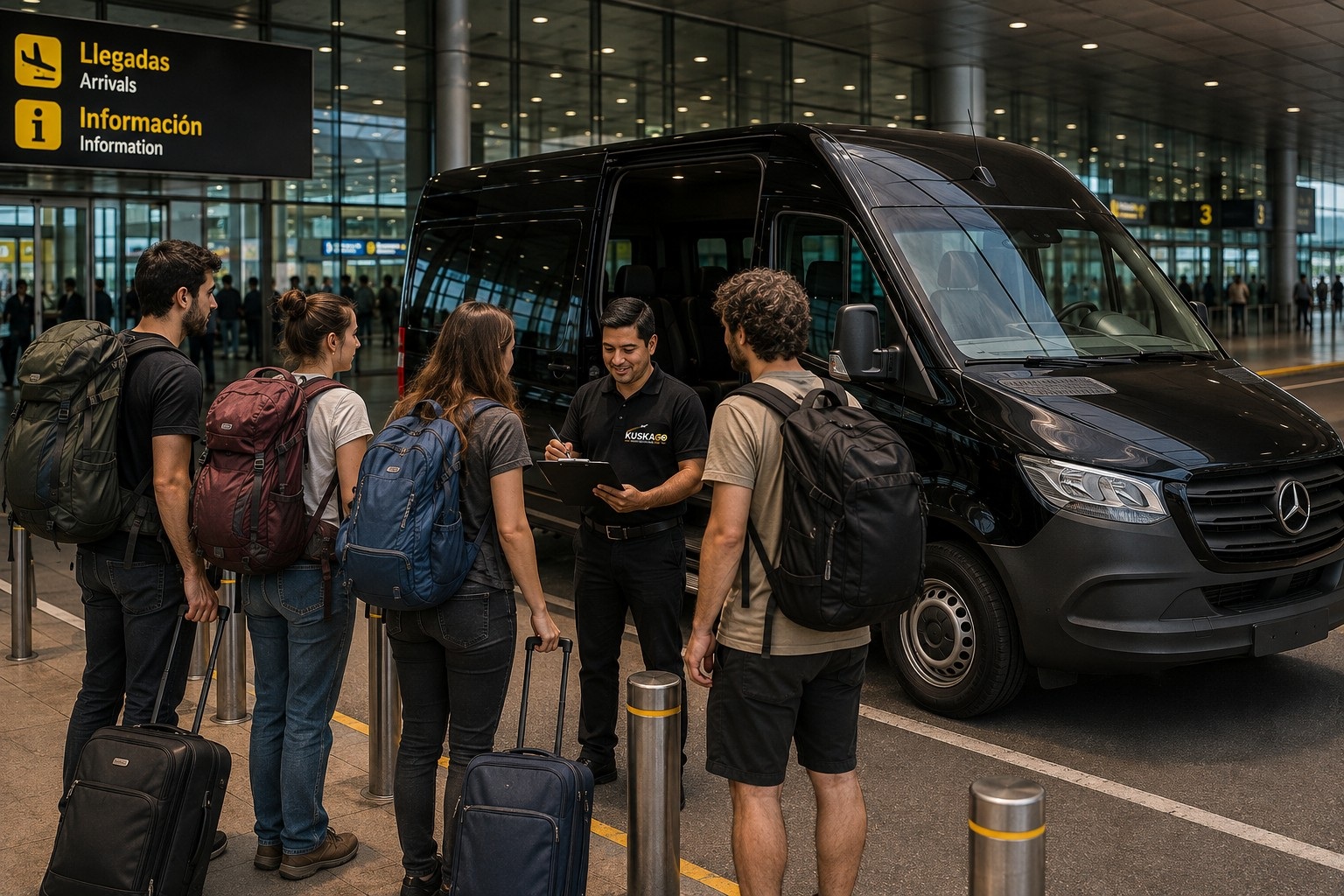 Pasajeros abordando el shuttle compartido KUSKAGO en Lima